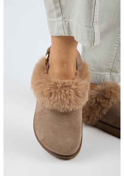 Antonella Kürklü Kadın Hakiki Deri Arkadan Kemerli Platform Sabo Vizon Sandalet fırsatları