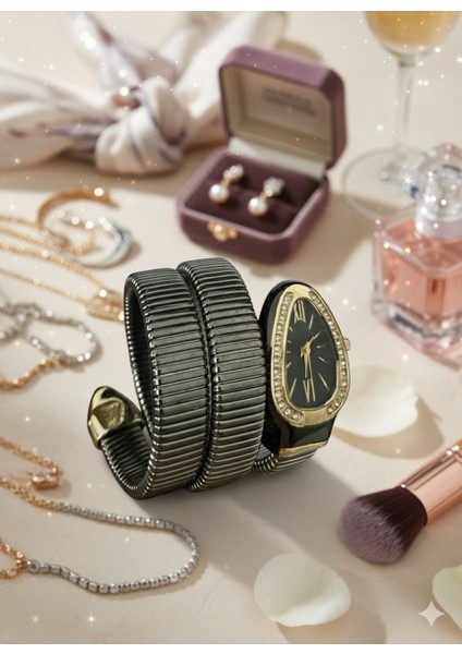 Gold Renk Yılan Model Kadın Spiral Bilezikli Şık Tasarım Kol Saati