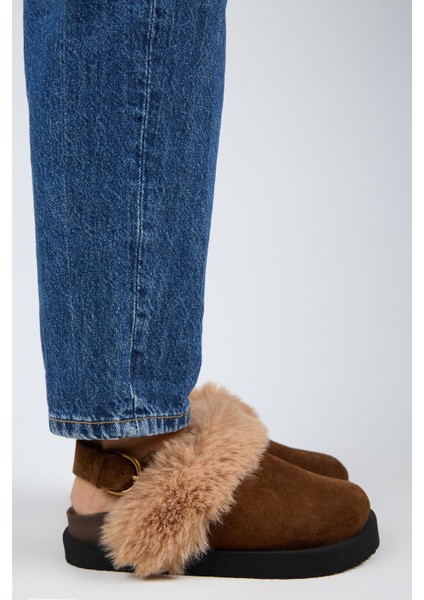 Antonella Kürklü Kadın Hakiki Deri Arkadan Kemerli Platform Sabo Taba Sandalet