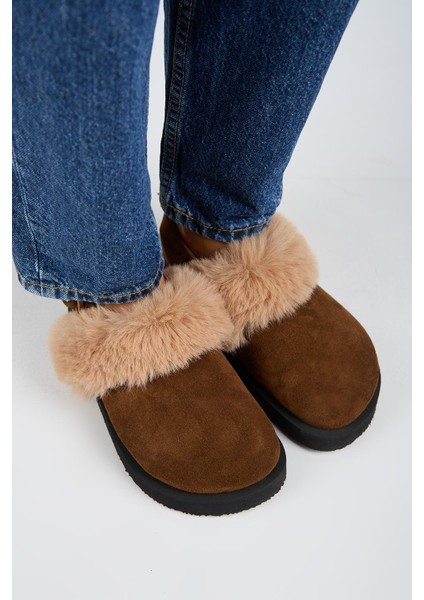 Antonella Kürklü Kadın Hakiki Deri Arkadan Kemerli Platform Sabo Taba Sandalet fiyatları