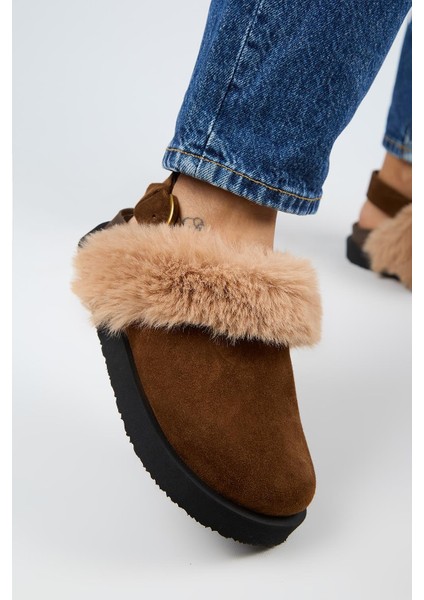 Antonella Kürklü Kadın Hakiki Deri Arkadan Kemerli Platform Sabo Taba Sandalet modelleri