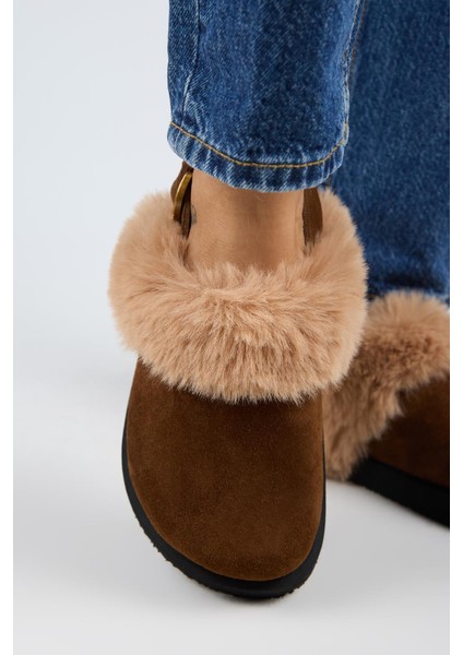 Antonella Kürklü Kadın Hakiki Deri Arkadan Kemerli Platform Sabo Taba Sandalet fırsatları