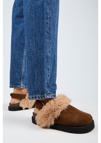 Antonella Kürklü Kadın Hakiki Deri Arkadan Kemerli Platform Sabo Taba Sandalet indirimleri