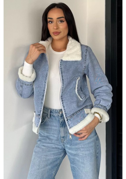Kadın Kemer Detaylı Çift Cepli Içi Kürklü Jean Kot Ceket P-00019043