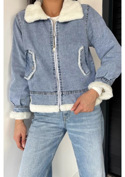 Kadın Kemer Detaylı Çift Cepli Içi Kürklü Jean Kot Ceket P-00019043 fiyatları