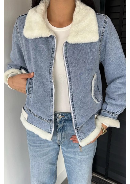 Kadın Kemer Detaylı Çift Cepli Içi Kürklü Jean Kot Ceket P-00019043 modelleri
