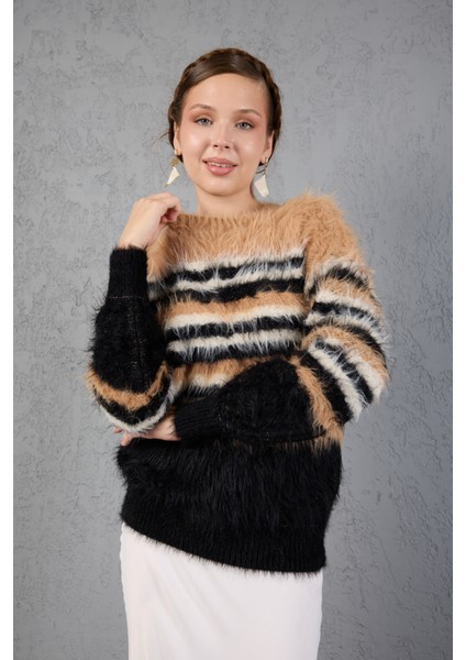 Bej-Siyah Sakal Iplik Çizgili Bisiklet Yaka Triko Kazak fiyatları