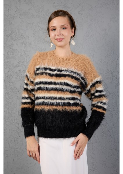 Bej-Siyah Sakal Iplik Çizgili Bisiklet Yaka Triko Kazak modelleri