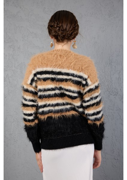 Bej-Siyah Sakal Iplik Çizgili Bisiklet Yaka Triko Kazak fırsatları