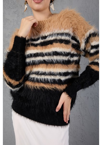 Bej-Siyah Sakal Iplik Çizgili Bisiklet Yaka Triko Kazak indirimleri