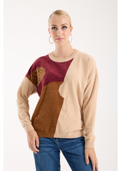 Kadın Krem Şönil Kadife Renk Bloklu Taş Detaylı Bisiklet Yaka Triko Kazak