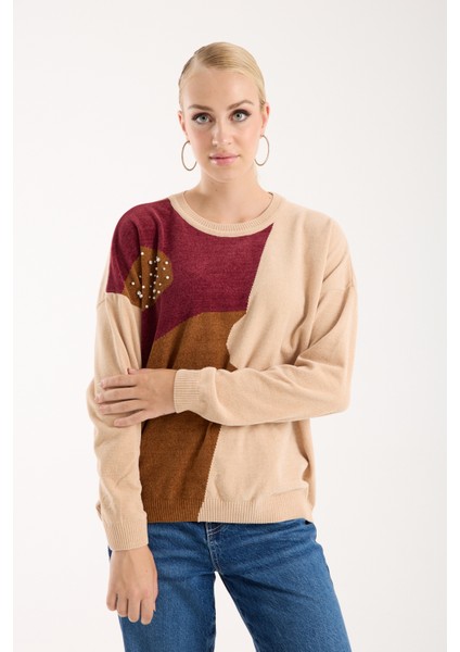 Kadın Krem Şönil Kadife Renk Bloklu Taş Detaylı Bisiklet Yaka Triko Kazak fiyatları