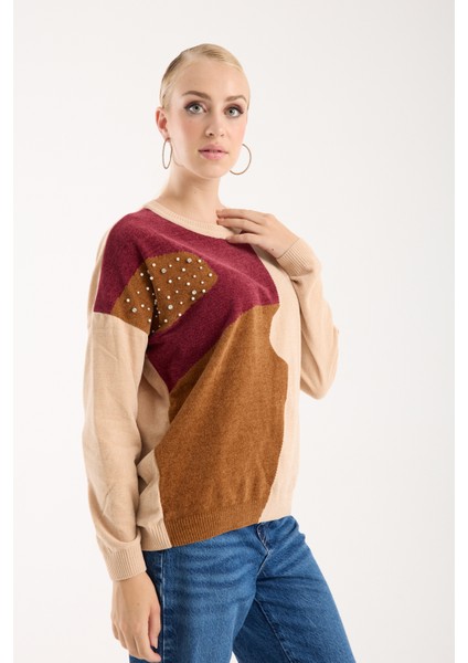 Kadın Krem Şönil Kadife Renk Bloklu Taş Detaylı Bisiklet Yaka Triko Kazak modelleri