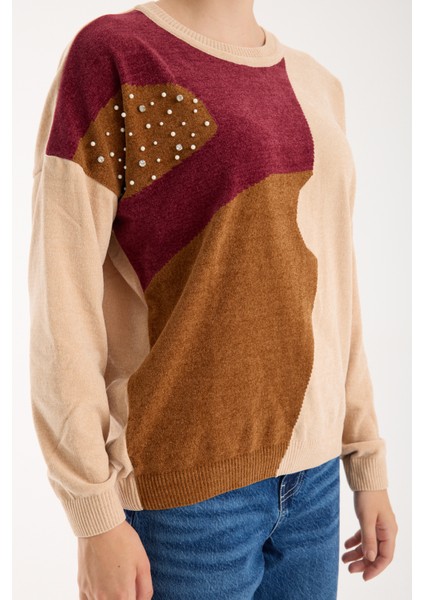 Kadın Krem Şönil Kadife Renk Bloklu Taş Detaylı Bisiklet Yaka Triko Kazak indirimleri