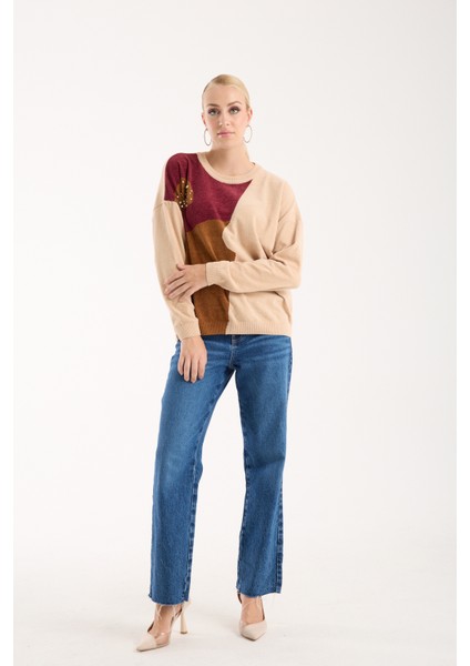 Kadın Krem Şönil Kadife Renk Bloklu Taş Detaylı Bisiklet Yaka Triko Kazak