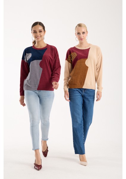 Kadın Krem Şönil Kadife Renk Bloklu Taş Detaylı Bisiklet Yaka Triko Kazak