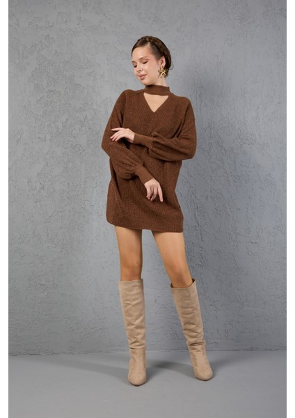 Kadın Kahve Simli Selanik Örgü Reglan Balon Kollu Choker Yaka Triko Kazak