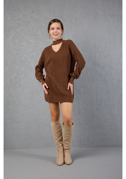 Kadın Kahve Simli Selanik Örgü Reglan Balon Kollu Choker Yaka Triko Kazak fiyatları