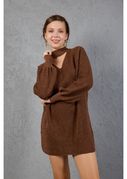 Kadın Kahve Simli Selanik Örgü Reglan Balon Kollu Choker Yaka Triko Kazak fırsatları