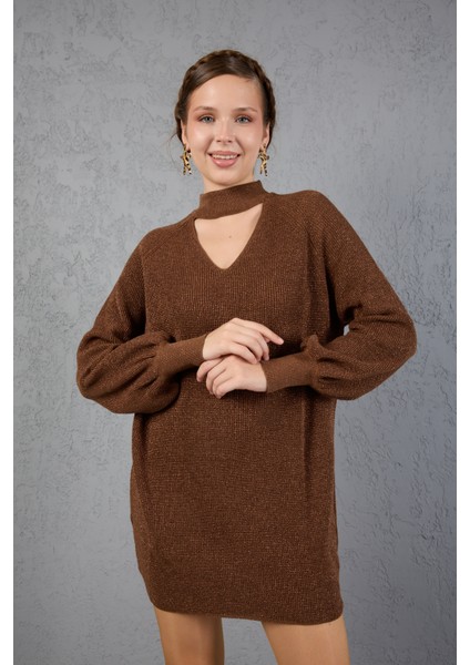 Kadın Kahve Simli Selanik Örgü Reglan Balon Kollu Choker Yaka Triko Kazak indirimleri