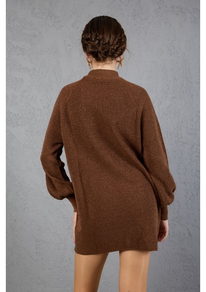 Kadın Kahve Simli Selanik Örgü Reglan Balon Kollu Choker Yaka Triko Kazak
