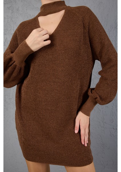 Kadın Kahve Simli Selanik Örgü Reglan Balon Kollu Choker Yaka Triko Kazak