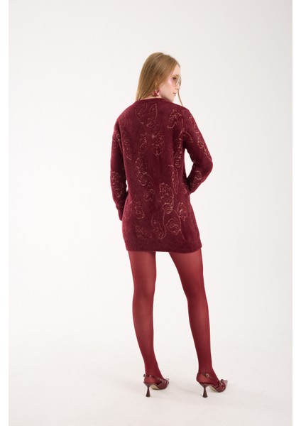 Kadın Bordo Sakal Iplik Yaprak Desenli Bisiklet Yaka Triko Bluz fiyatları