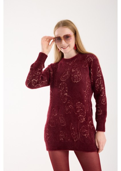 Kadın Bordo Sakal Iplik Yaprak Desenli Bisiklet Yaka Triko Bluz modelleri