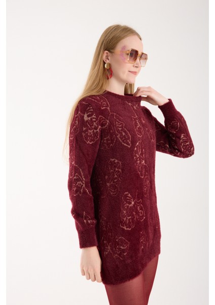 Kadın Bordo Sakal Iplik Yaprak Desenli Bisiklet Yaka Triko Bluz fırsatları