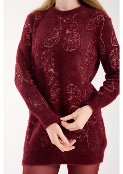 Kadın Bordo Sakal Iplik Yaprak Desenli Bisiklet Yaka Triko Bluz indirimleri