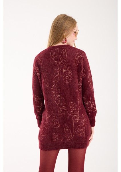 Kadın Bordo Sakal Iplik Yaprak Desenli Bisiklet Yaka Triko Bluz