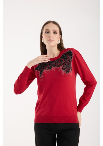 Kadın Kırmızı Elit Viskon Kumaş Taş Detaylı Bisiklet Yaka Triko Bluz