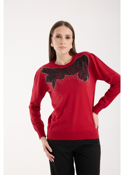 Kadın Kırmızı Elit Viskon Kumaş Taş Detaylı Bisiklet Yaka Triko Bluz fiyatları
