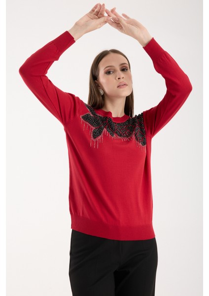 Kadın Kırmızı Elit Viskon Kumaş Taş Detaylı Bisiklet Yaka Triko Bluz modelleri