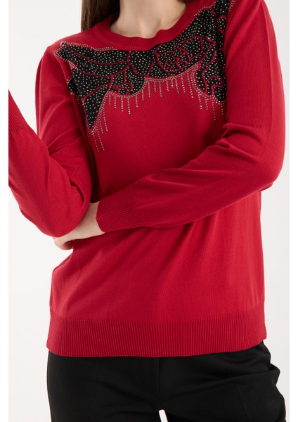 Kadın Kırmızı Elit Viskon Kumaş Taş Detaylı Bisiklet Yaka Triko Bluz fırsatları