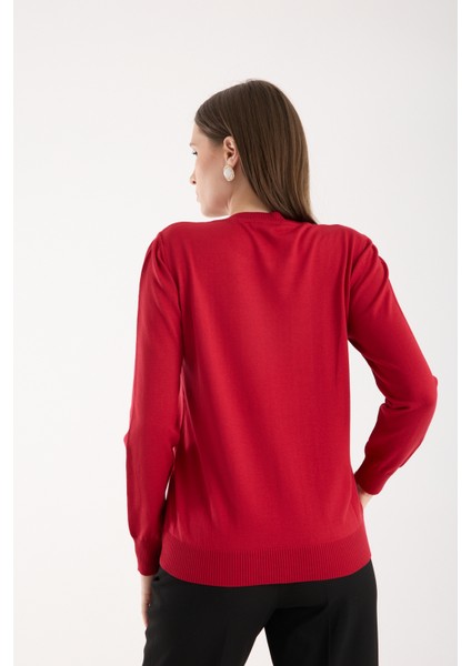 Kadın Kırmızı Elit Viskon Kumaş Taş Detaylı Bisiklet Yaka Triko Bluz indirimleri