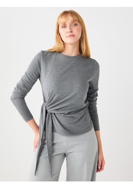 Antrasit Yuvarlak Yaka Beli Bağcık Detaylı Örme Bluz