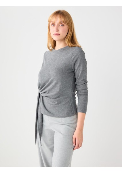 Antrasit Yuvarlak Yaka Beli Bağcık Detaylı Örme Bluz fırsatları