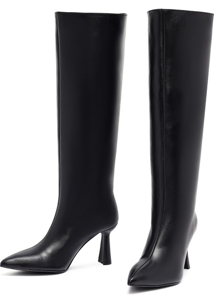 Kadın Siyah Topuklu Deri Çizme 25WFD132118 modelleri
