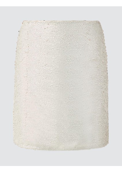 Ekru Düz Kesim Normal Bel Payetli Örme Etek