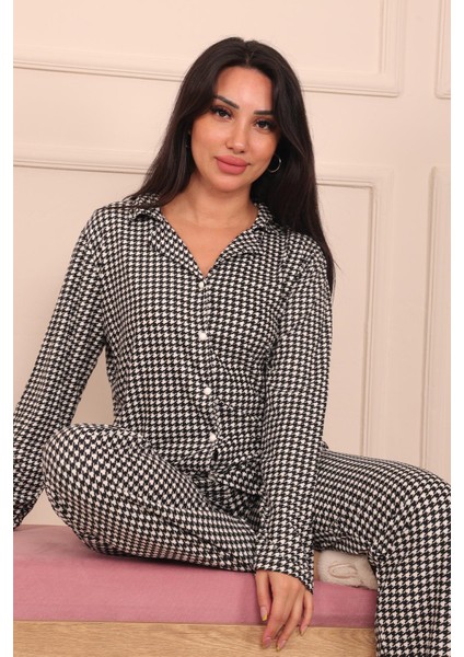 Kadın Kaz Ayağı Desenli Önü Düğmeli Uzun Kol Altı Uzun Süet Pijama Takımı