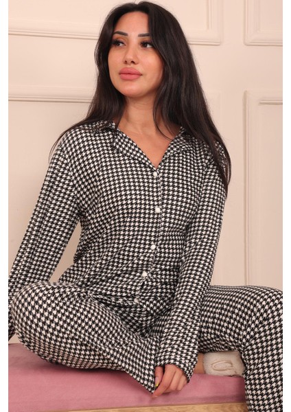 Kadın Kaz Ayağı Desenli Önü Düğmeli Uzun Kol Altı Uzun Süet Pijama Takımı fiyatları