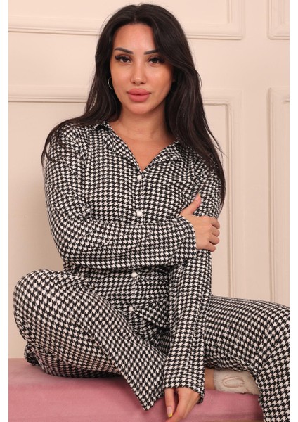 Kadın Kaz Ayağı Desenli Önü Düğmeli Uzun Kol Altı Uzun Süet Pijama Takımı modelleri