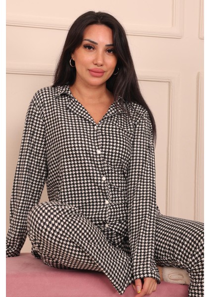 Kadın Kaz Ayağı Desenli Önü Düğmeli Uzun Kol Altı Uzun Süet Pijama Takımı fırsatları