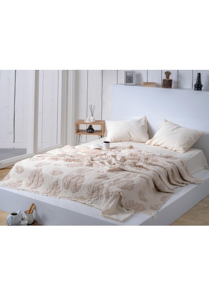 Müslin Yorgan %100 Pamuk 9 Kat Yaprak Desenli Müslin Yatak Örtüsü 220X240