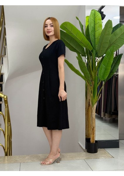 Kadın Kısa Kollu V Yakalı Önden Düğmeli A Kesim Dokuma Elbise fiyatları
