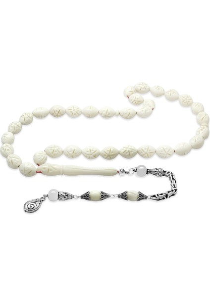 925 Ayar Gümüş Kral Zincir Püsküllü Kalem Işçilikli Özel Kesim Deve Kemiği Tesbih