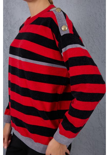 Kadın Kırmızı-Siyah Çizgili Şönil Kadife Bisiklet Yaka Omuzda Düğme Detaylı Triko Kazak