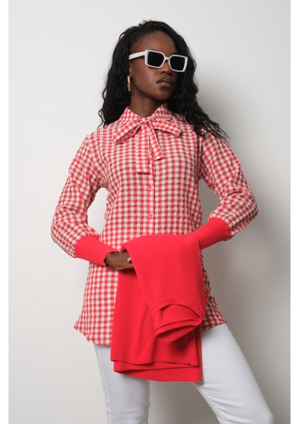 Kadın Kırmızı Fitilli Triko Süveter ve Kareli Gömlek Ikili Kombin fiyatları