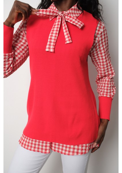 Kadın Kırmızı Fitilli Triko Süveter ve Kareli Gömlek Ikili Kombin modelleri